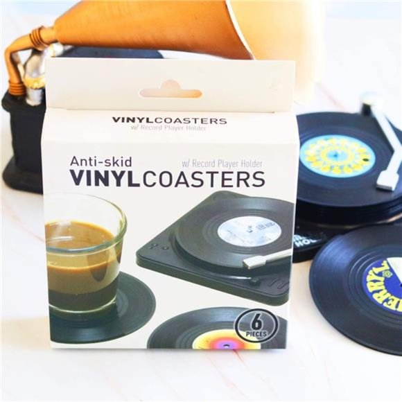 Funny Retro Vinyl Record Coasters for Drinks with Vinyl Record Player Holder - Picture 5 of 7